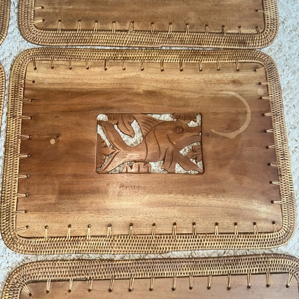 Vtg 60s Indonesian Placemats Hand Carved Birds Fish Wooden Wicker Set of 6‎